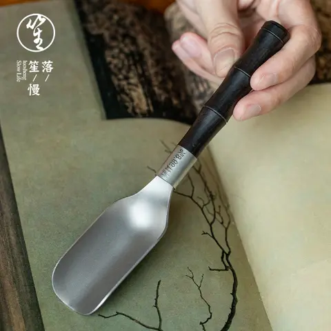 Pure Titanium Tea Spoon Single Piece Black Ebony Wooden Tea Scoop Chado Six Gentlemen Accessories Chinese Style Tea Utensils