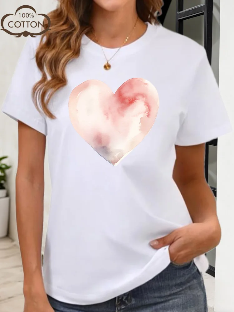 Miękka różowa koszulka damska z grafiką, 100% bawełna, okrągły dekolt, krótki rękaw, codzienna, modna bluzka na lato.