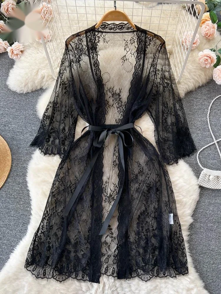 Mesh Lace Sxy Cardigan Pajamas Women Thin V Neck Transparent Black Lace-Up Design Fashion Loose Long Shawl Cardigan