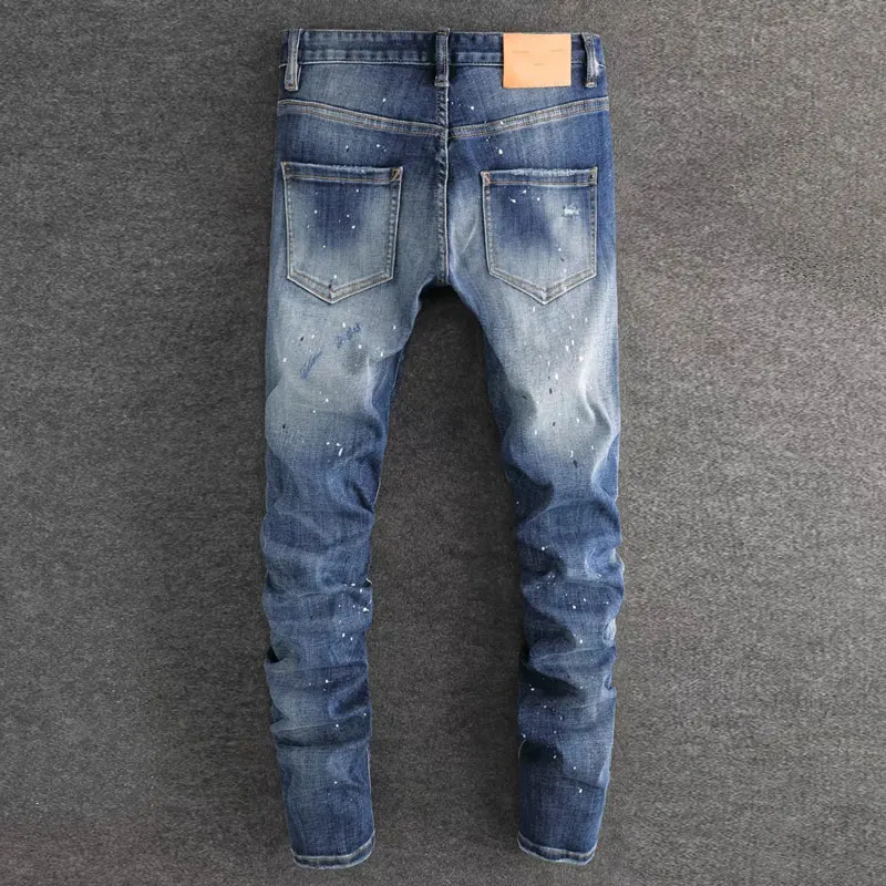 Street Fashion Men Jeans High Quality Retro Blue Stretch Skinny Fit Ripped Jeans Men Painted Designer Hip Hop Brand Pants Hombre