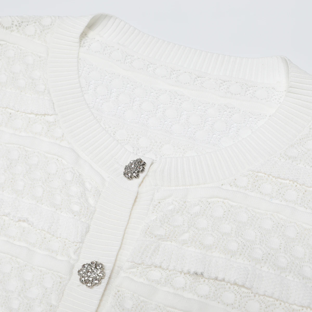 LEOSOXSFashion Summer New Women Commuter TwoPiece Outfit Knitted Lace Hollow Long Sleeve Top Rhinestone Button Decor Matching Sk