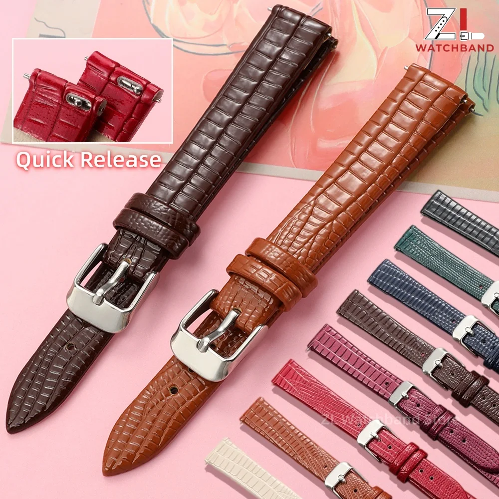 Ultra-thin Leather Watch Strap 10mm 12mm 14mm 16mm Universal Replacement Watchband Lizard Patterned Bracelet for Women Slim Band