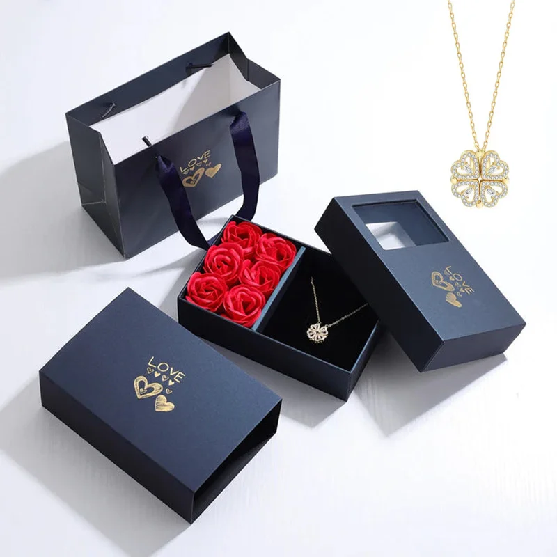 6 Rose Box Magnetic Folding Heart Four-leaf Clover Pendant Necklace for Women Girlfriend Aesthetic Anniversary Valentines Gifts