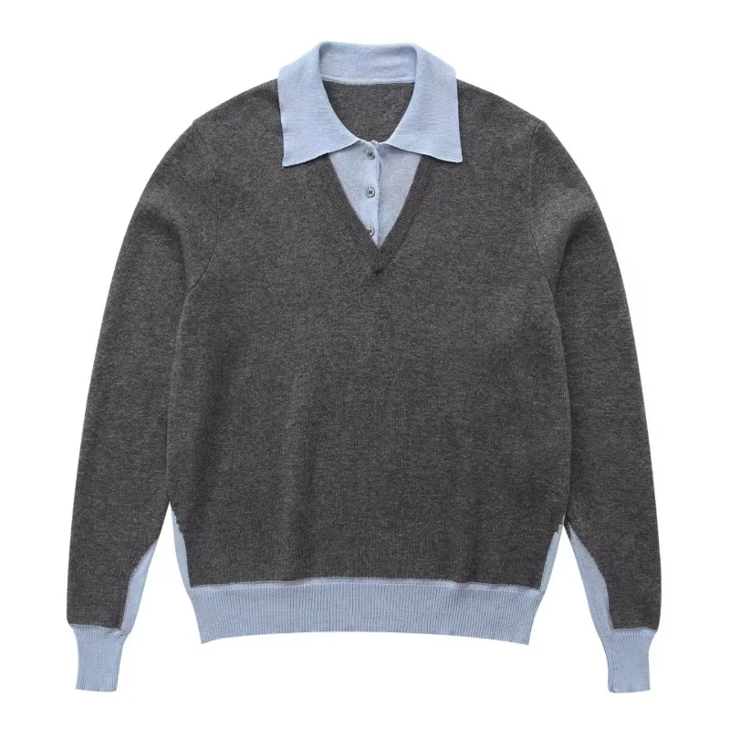 

Mixed Wool Knitted irt Fake Two-Piece Collared Men's Autumn New Sle Casual Loose Fit Long Sve Pure Color