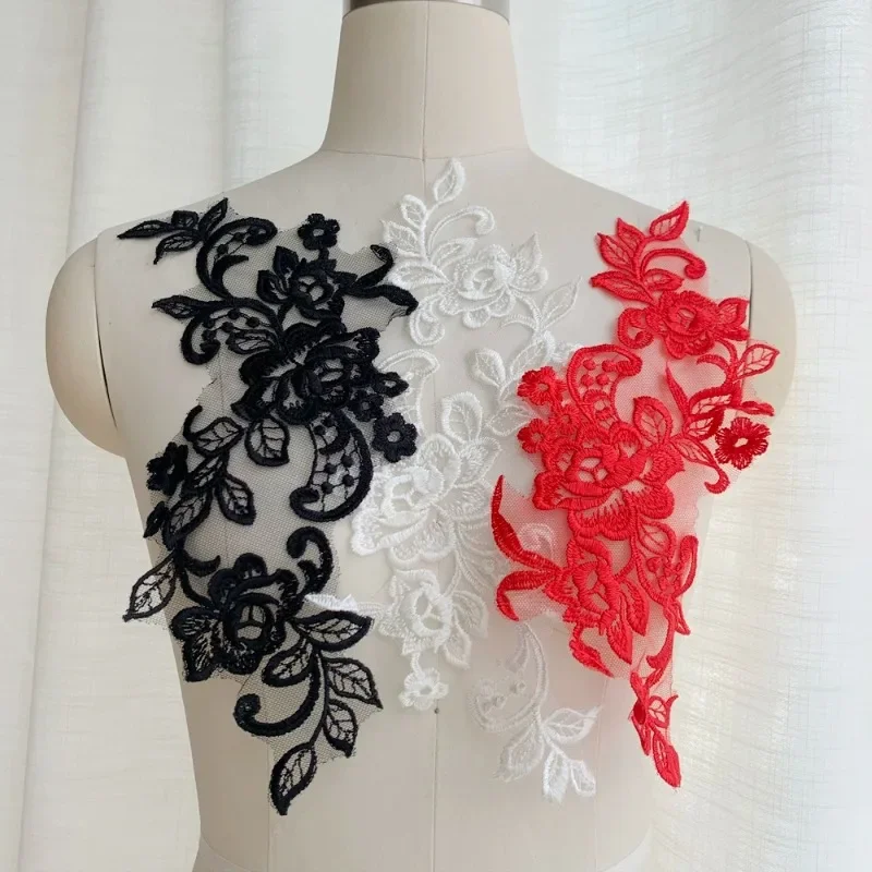 Lace Flower Embroidery Patches, Sew on Clothes Dress, Chiffon Appliques Repair, Handwork Craft, Off White, Black, Red, 2 Pcs