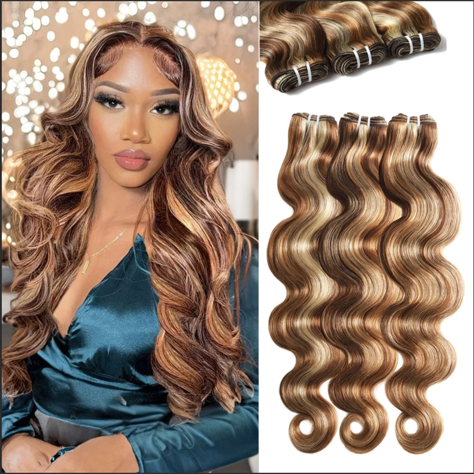 

100% натуральные человеческие волосы Virgin Hair, пучки с эффектом Body Wave, двойной объем, объемные волны, 3 оттенка, P4/27/613, блонд омбре, необработанные волосы для наращивания