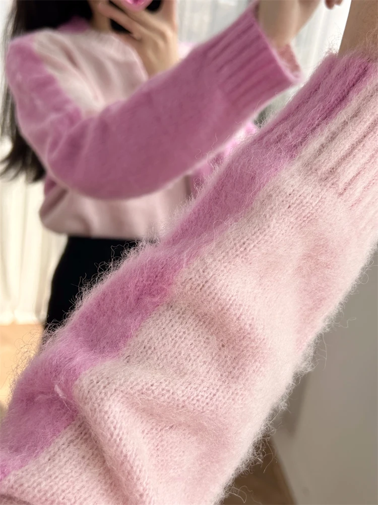 Sweater y2k Round neck fluffy knit sweater fashionable pink contrasting lazy style sweater S Home 2024 autumn new item