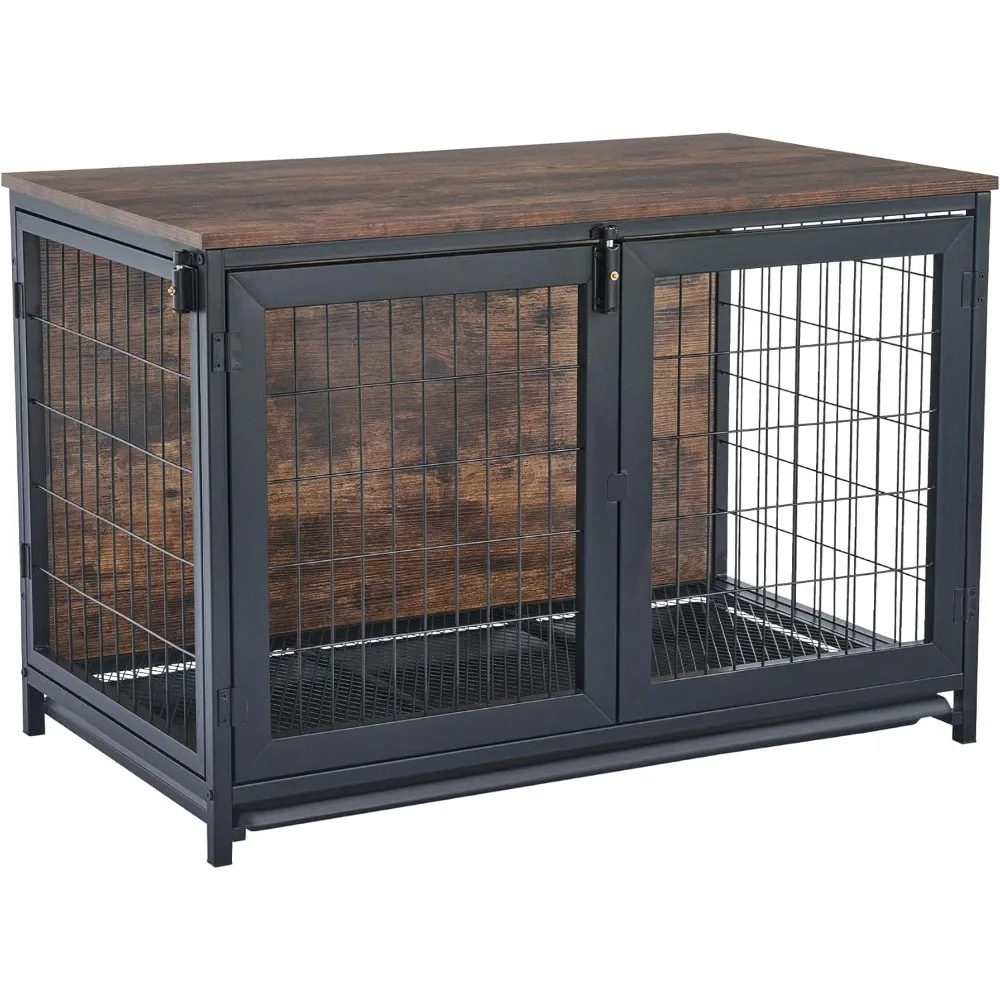 

Dog Crate Furniture with Wheels, 37" Wooden Dog Kennel for Small/Medium Dogs, Two-Way Access & Bottom Tray, Rustic Brown