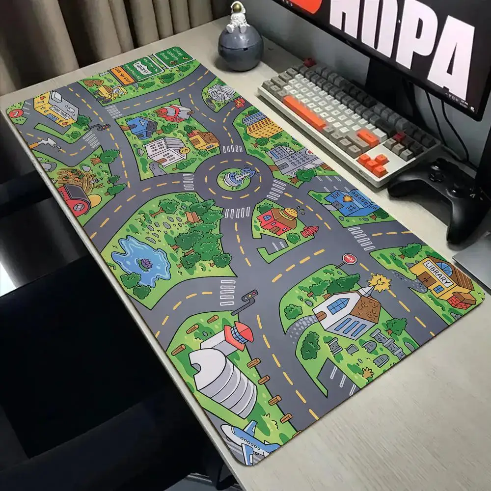 Cartoon city illustration Mouse Pad Desk Mat with Stitched Edge Non-Slip gaming mats pc accessories keyboard desk pad mauspad
