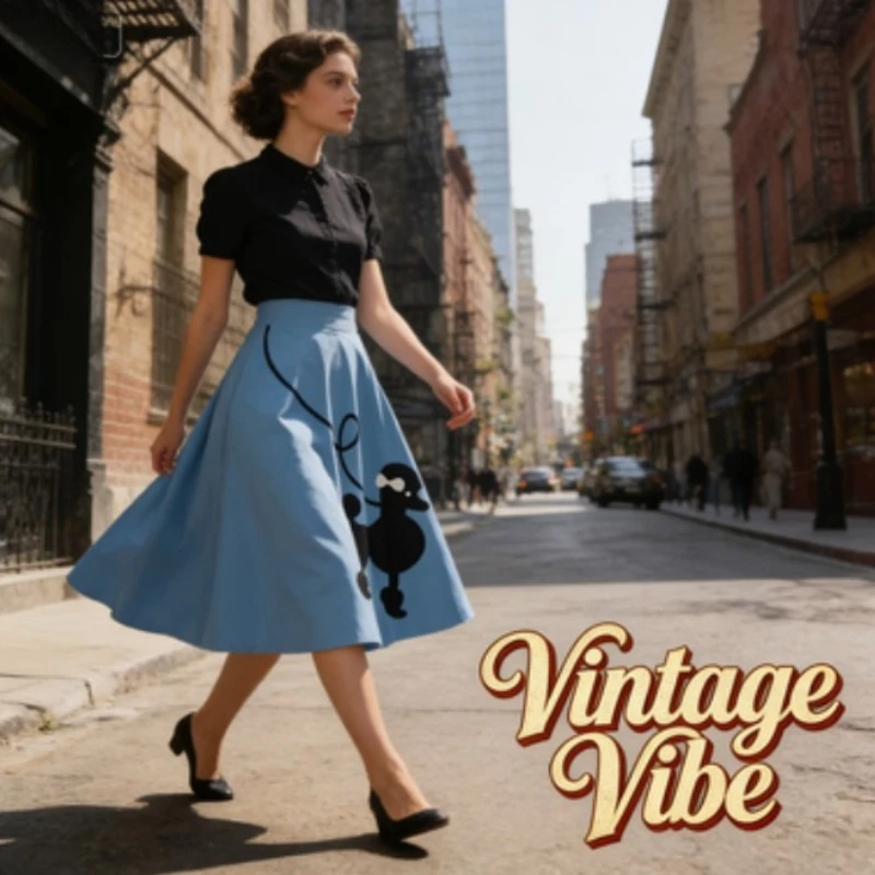 

Женская юбка А-силуэта в европейском винтажном стиле с принтом пуделя, дышащая летняя повседневная миди-юбка с расклешенным подолом для любого случая