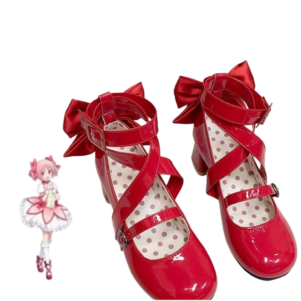 Anime Puella Magi Madoka Magica Kaname Madoka Cosplay Shoes Girls Lolita Red Bow High Heels Leather Boots