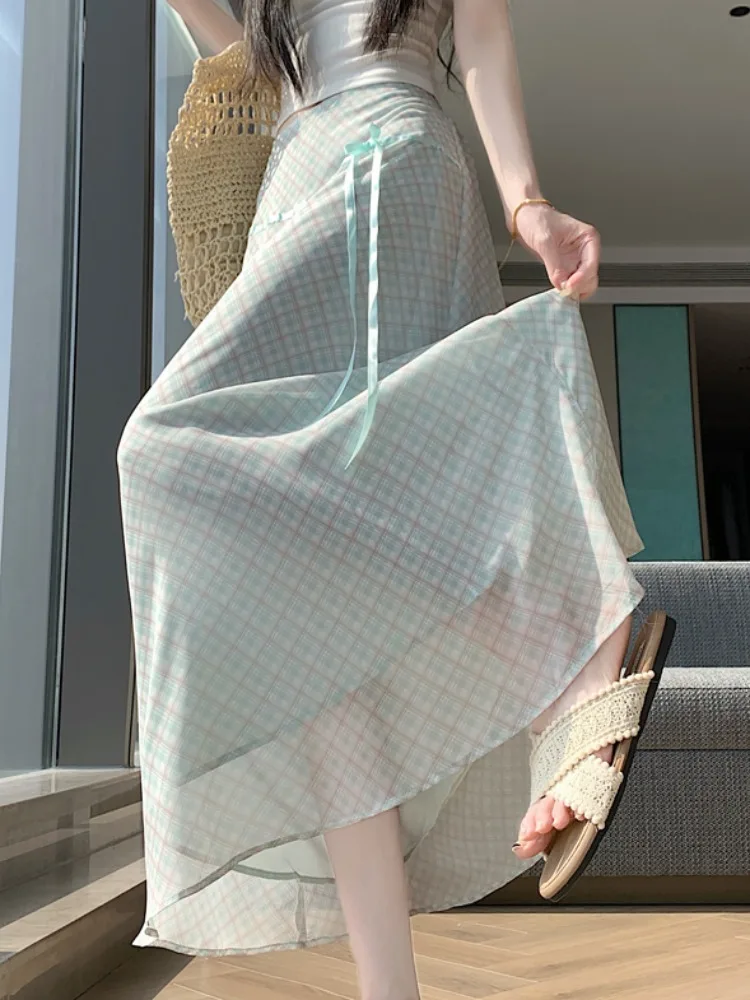 Stylish Green Plaid Chiffon Skirt Women's Summer New Forest System Artistic Style Grid Snowflake Long Skirt High Waist Cake S...