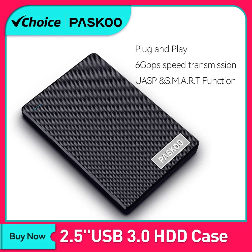 PASKOO 2.5'' External HDD Case USB3.0 SATA 5Gbps HDD SSD Hard Drive Enclosure Support UASP for PC Laptop