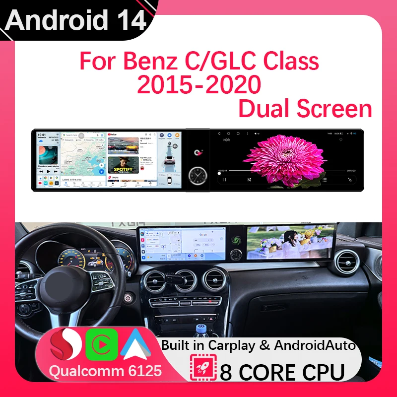 

Автомобильный мультимедийный плеер Carplay Android Auto с двойным экраном для Mercedes Benz C/GLC Class 2015-2020, GPS-навигация 4G