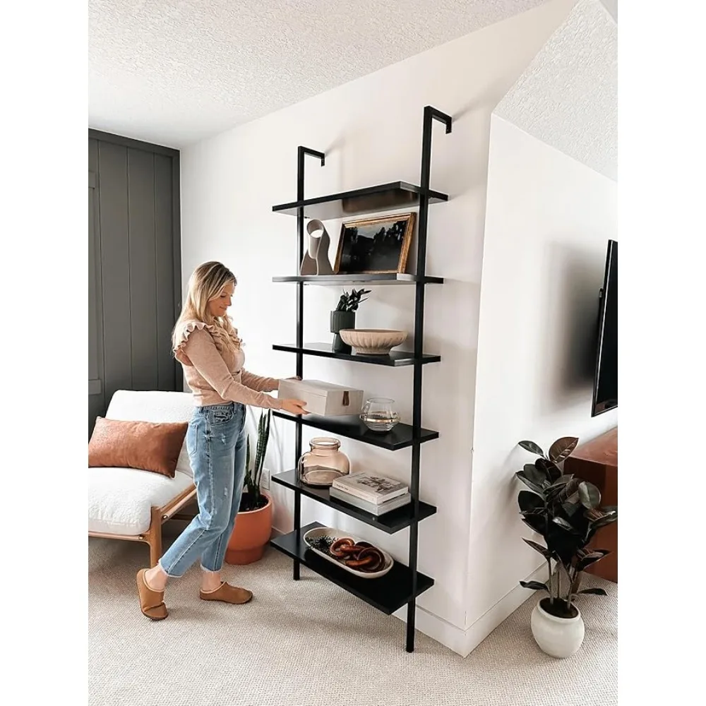 Nathan James Theo 6-Shelf Tall Bookcase, Wall Mount Bookshelf Wood Shelves and Metal Frame, Matte Black