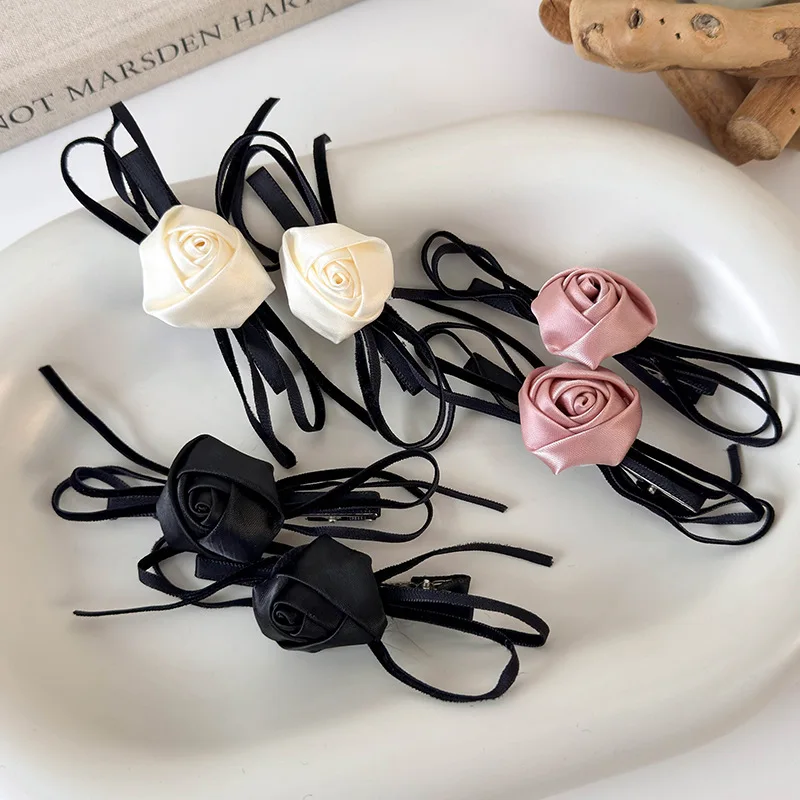 Hair Clip Vintage Rose Bow French Style Side Bangs Fringe Clip for Women Autumn Winter Gentle Elegant Sweet Chic