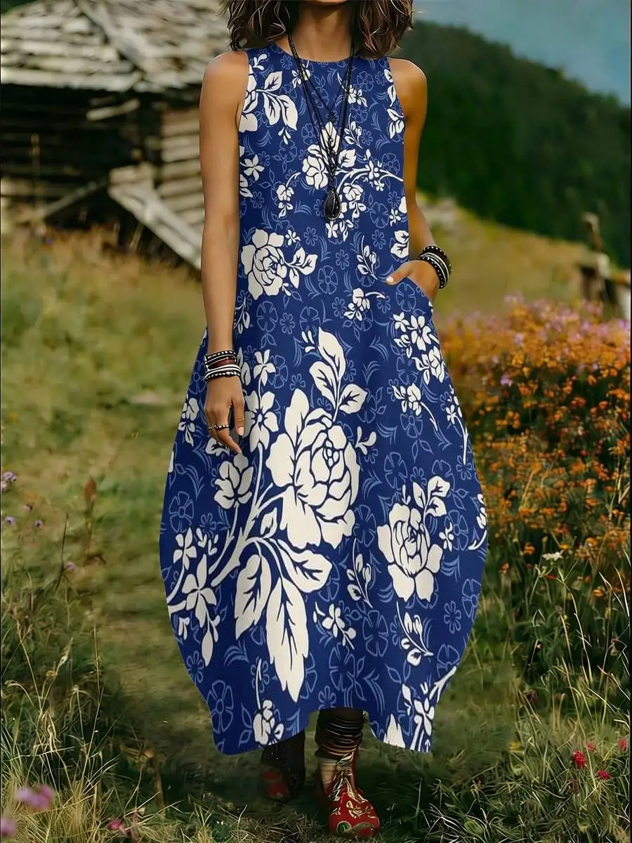 

Women Sleeveless Round Neck Floral Long Dress Blue White Print Casual Loose Comfortable Knit