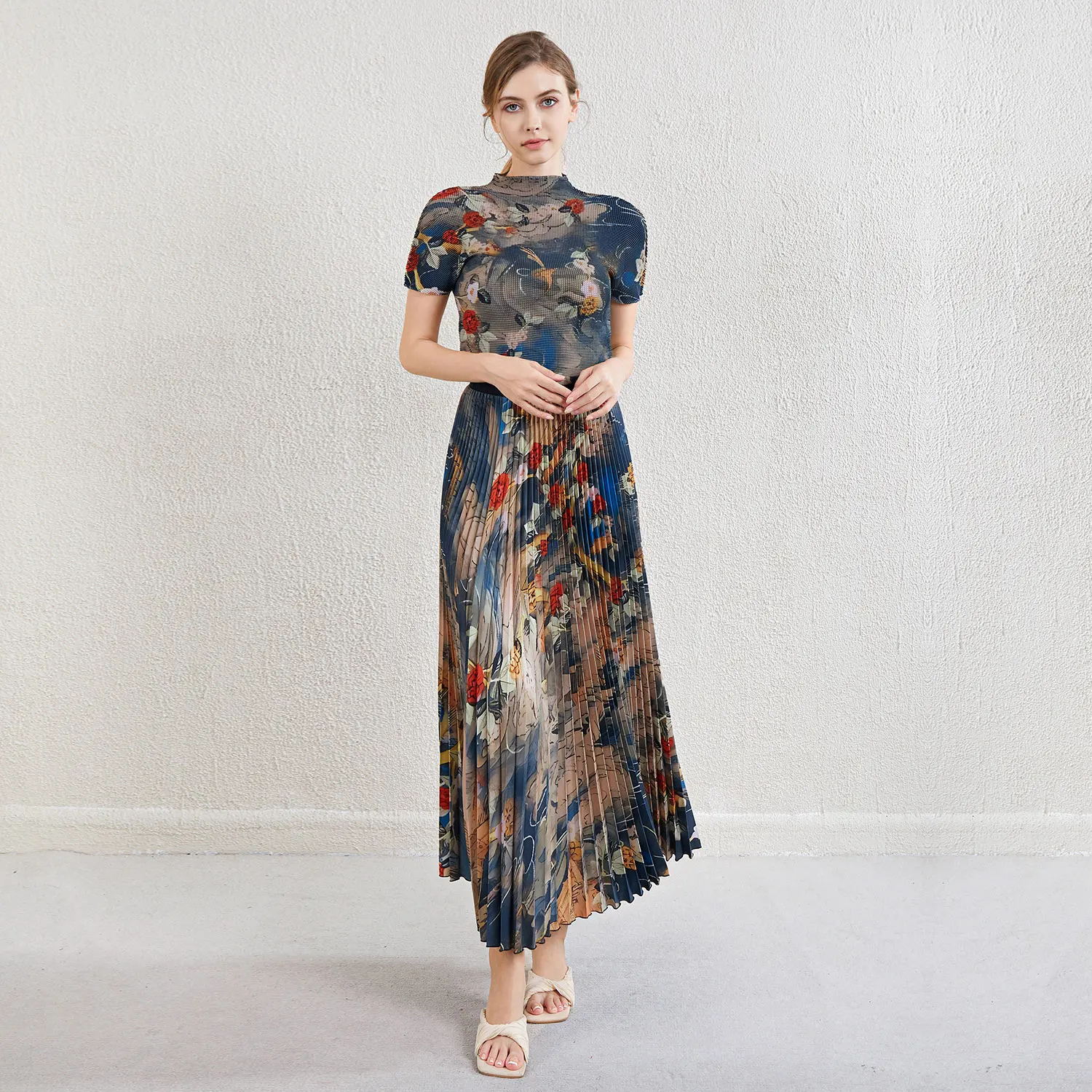 Miyake women's mid-length European and American style pleated skirt suit pleated printed top and printed pleated skirt two-piece