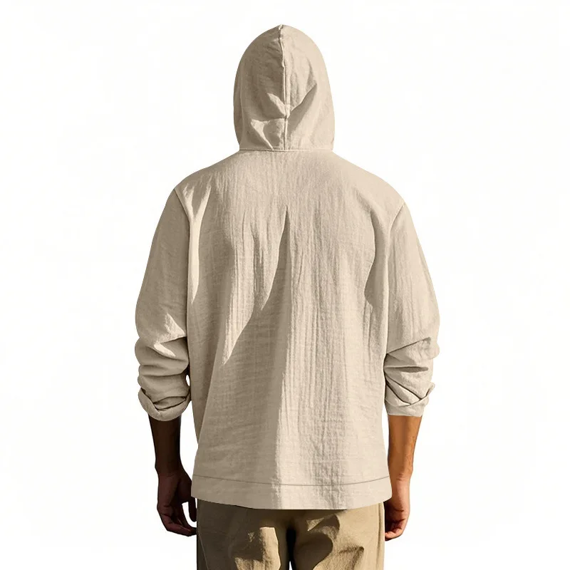 Spring Autumn Men's Casual Cotton Linen Button Long Sleeve Hooded Shirt