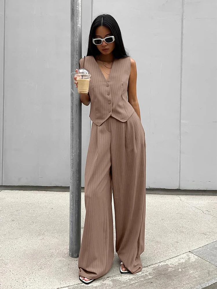 Mumaroho 2024 Women Spring Summer Office Pant Set Striped Khaki Outfits V-neck 2 Two Piece Matching Suit Set For Women