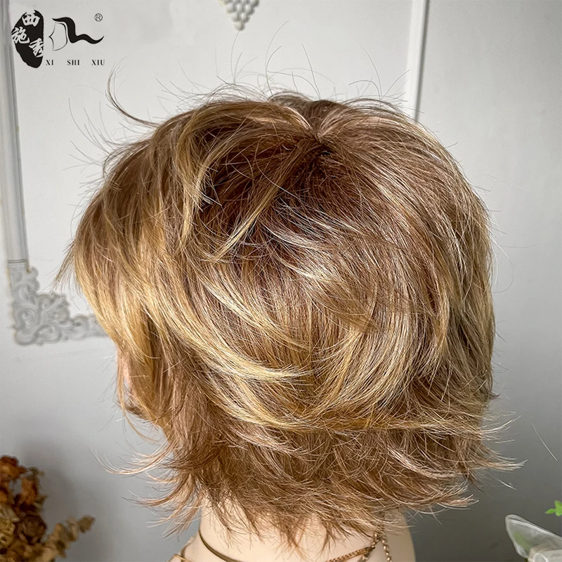 Short Ombre Blonde Pixie Cut Hair Synthetic Wig With Bang For Women High Temperature Fiber Natural Wave Curl Hair Daily Use Wigs