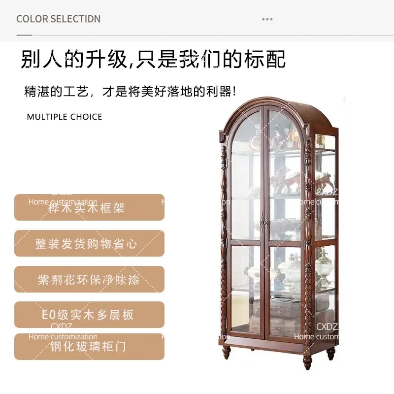 Solid Wood Wine Cabinet Arched Bookcase Glass Display Shelf Living Room Partition Wall Storage Unit Retro Style Home