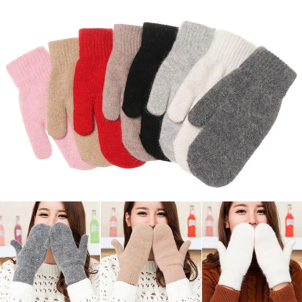 Women Girl Plush Solid Color All Fingers Double Layer Winter Gloves Rabbit Hair Mittens