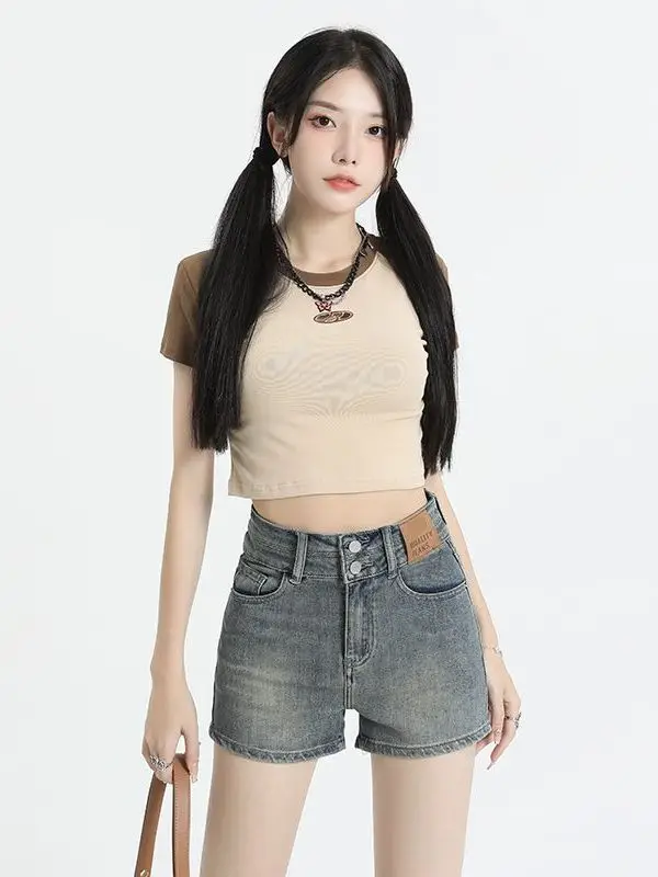 Retro American Washed Denim Shorts Women Summer New Style Slimming Elastic Butt Enhancing Hot Trend Cotton Stretch Jeans
