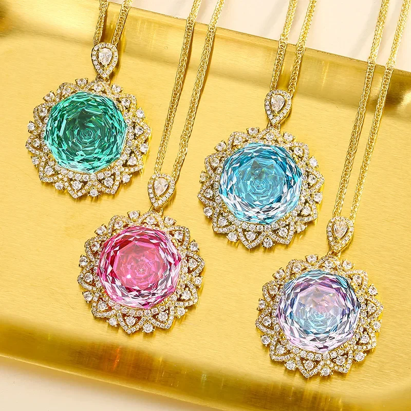 

Exquisite Round Cut Green Blue Crystal High Carbon Diamond Pendant Necklace Gold Color Macrame Women Jewelry Goddesses Gift
