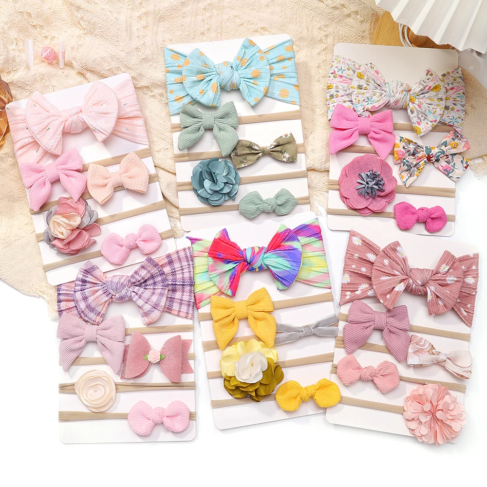 5Pcs/Set Delicate Bows Headband Girl Kids Hair Accessories Elastic Turban HairBands Nylon Newborn Baby Headwrap Headwear