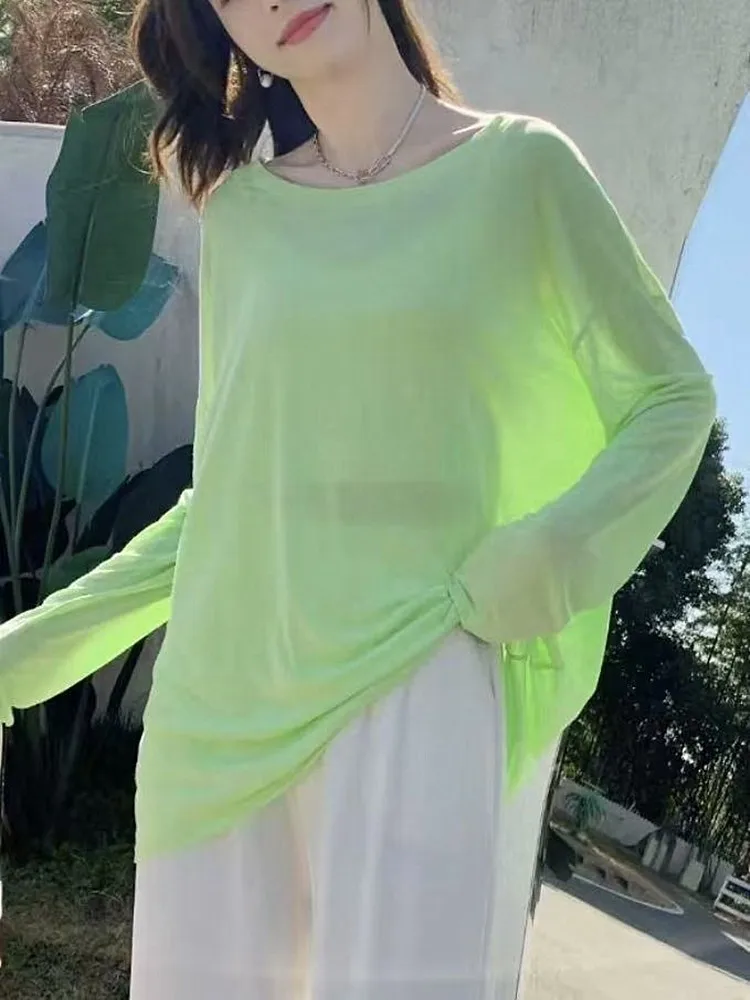 Laid-back الحلوى الملونة المرأة تي شيرت تنفس ظلة التستر خفيفة الوزن متجدد الهواء قميص الصيف نمط جديد ربيع الخريف طويلة