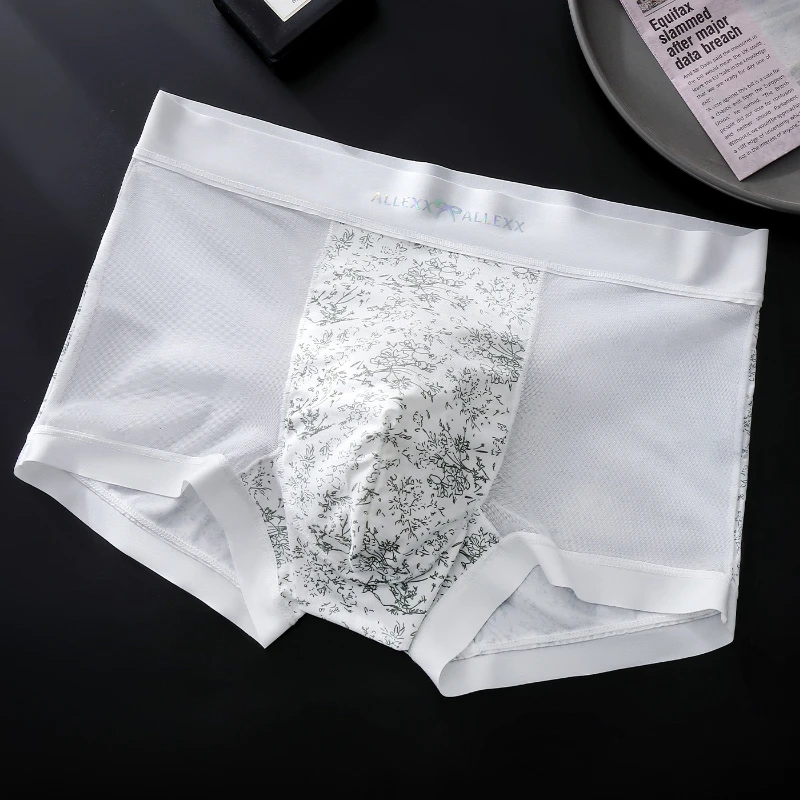 Men'S Boxers Ice Silk Printed Panties Mesh See Through Sexy Underpants U Convex Pouch Light Thin Exercise Breathable Underwear