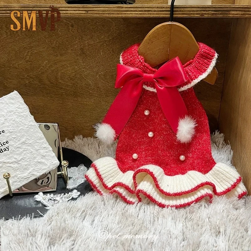 Vintage Red Pet Knit Sweater Dress White Ruffle Trim Neckline Hem Oversized Red Satin Bow Decor Warm Cold Weather Pet Costume
