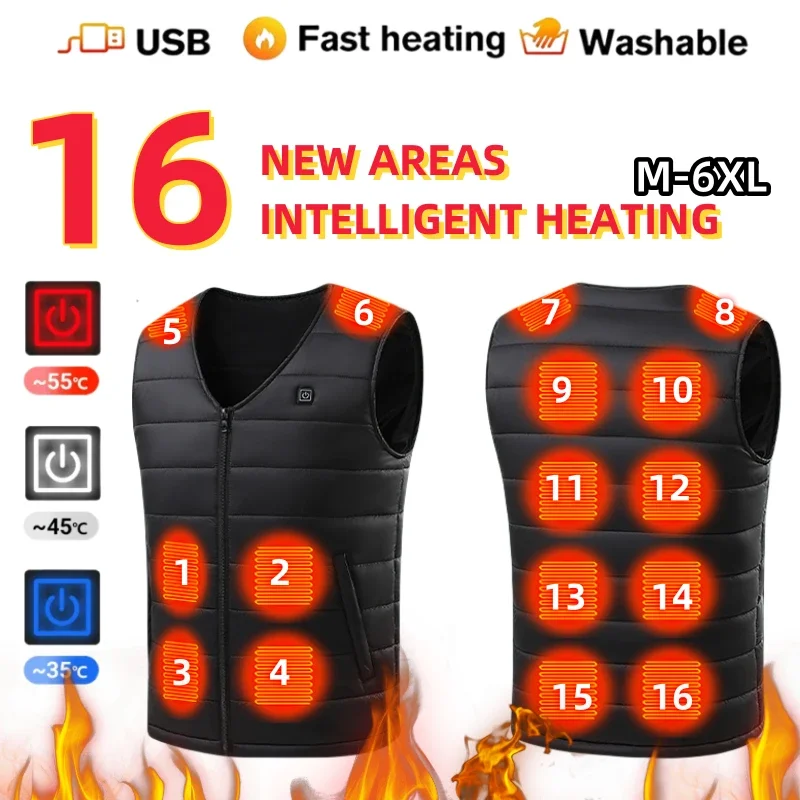 

16 Areas Heated Vest Men Women USB Electric Heated Jacket Winter New Smart Heating Clothes Work Waterproof Thick Sleeveless Coat