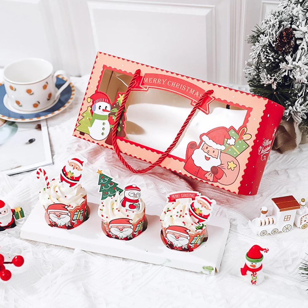 

2Pcs Christmas Cupcake Boxes Mini 3-Insert Transparent Window Holder Xmas Dessert Wedding Party Bakery Carrier