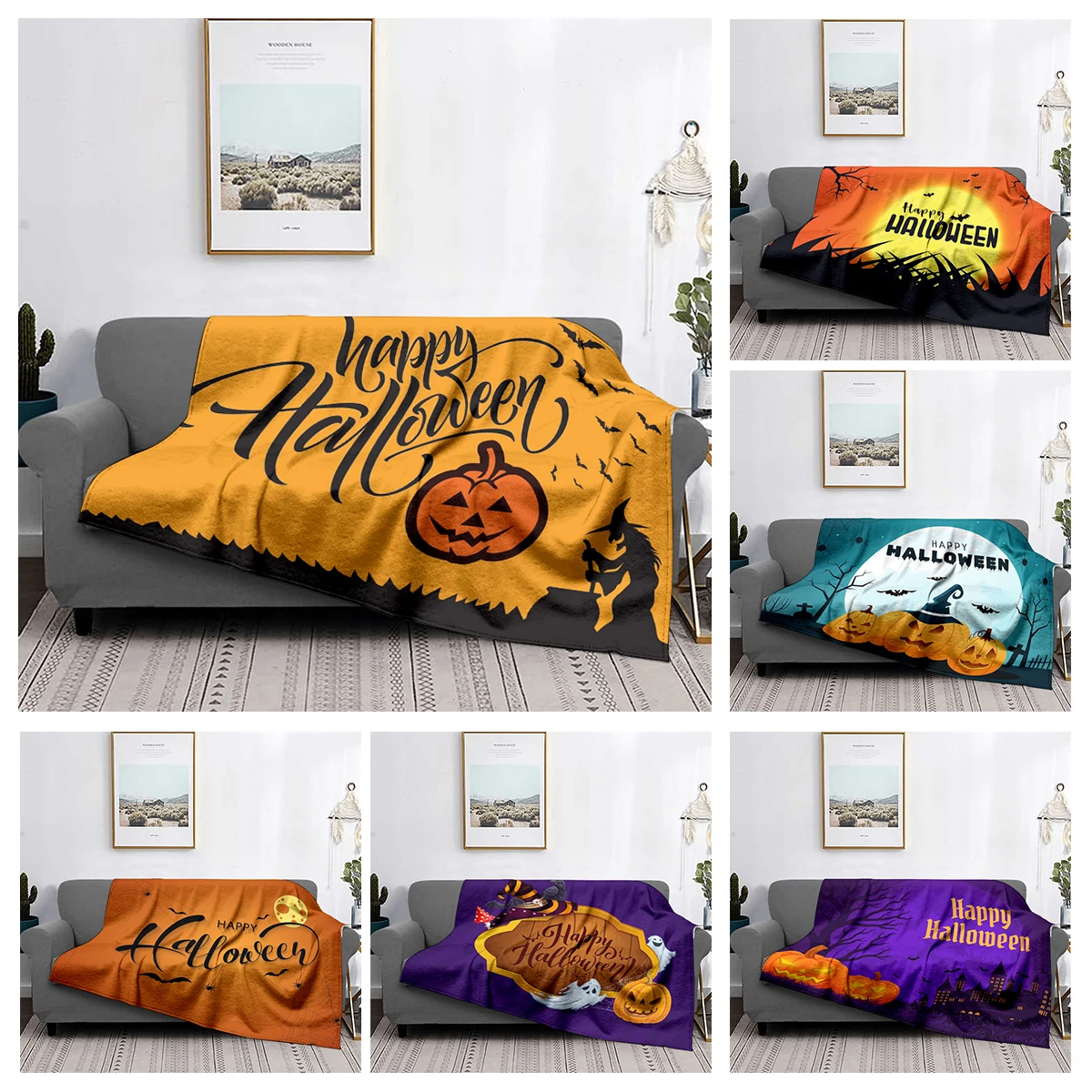 

Home decoration plush Throw Sofa blanket Bedspread bed fluffy soft blankets decor Plaid Modern Halloween Autumn Pumpkin funny