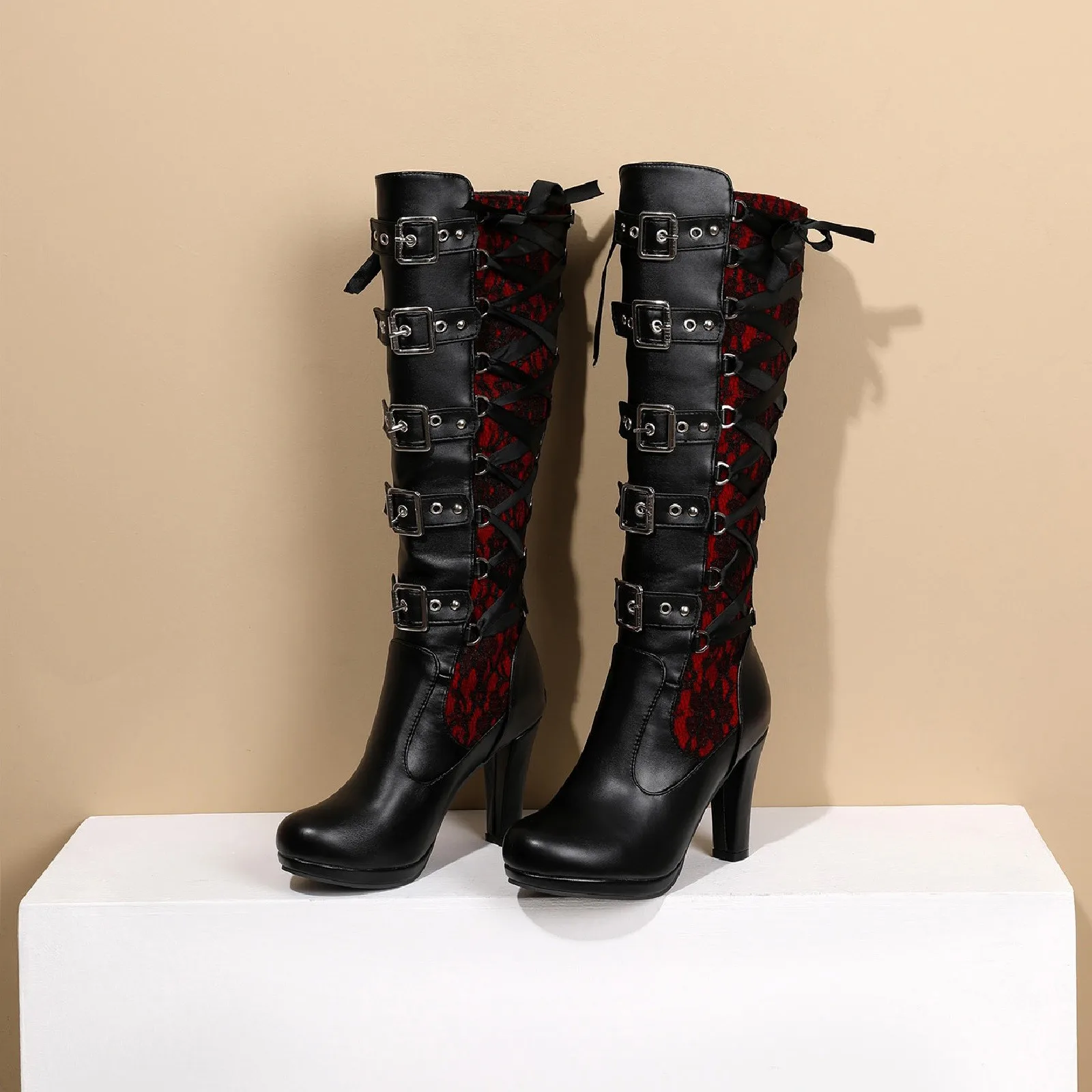 Stivali alti da donna autunno inverno stivale da cavaliere in pelle a tubo lungo Punk gotico classico nero scarpe con tacco alto al ginocchio