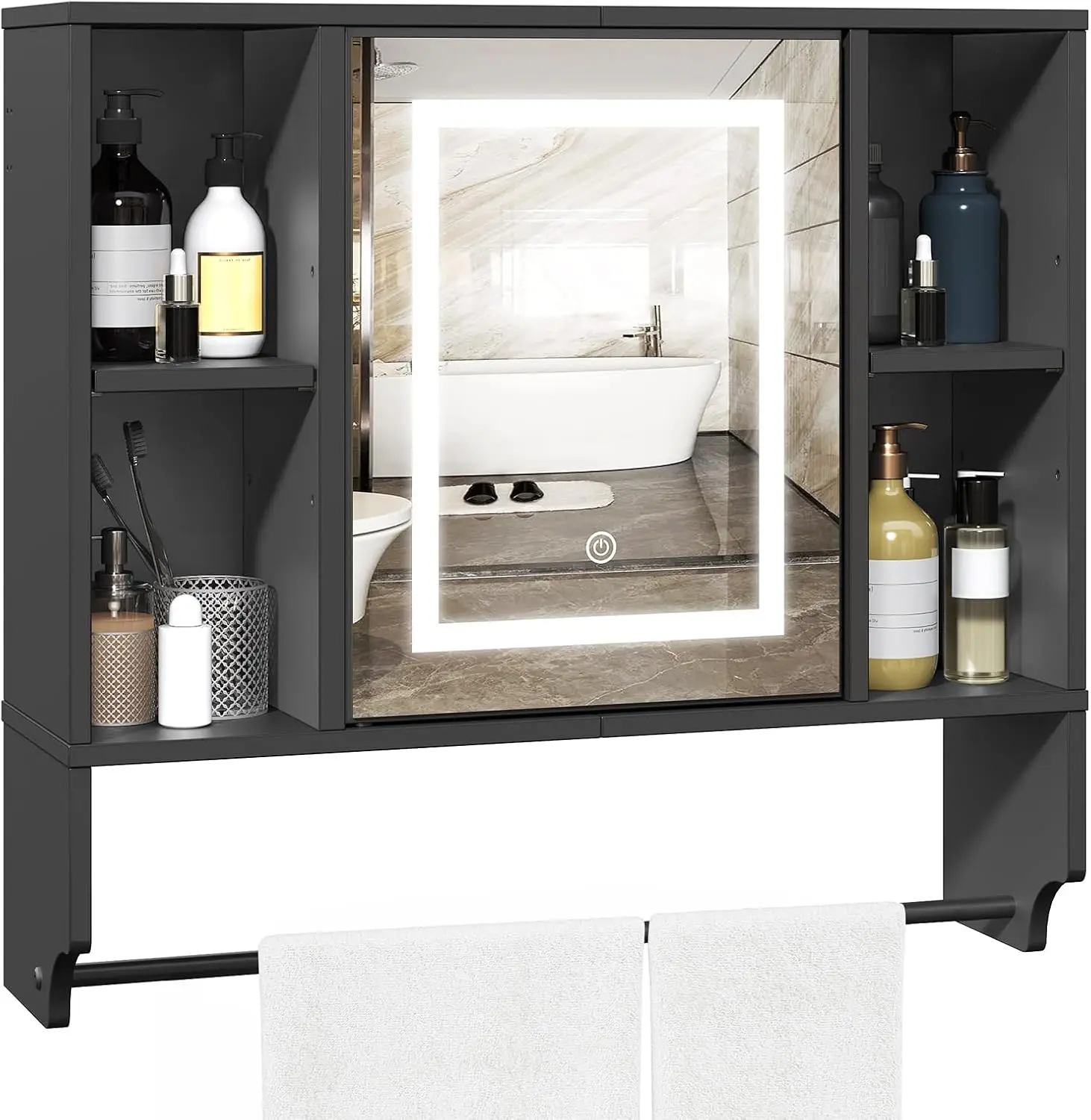 Bathroom Wall Cabinet with Mirror, Wall Mounted Medicine Cabinet with Color Adjustment LED Lights, Mirrored Over The Toilet Stor