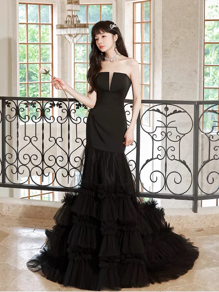 

Elegant Black Mermaid Prom Dress Strapless Trailing Tiered Ruffle High-end Sleeveless Celebrity Party Ceremony Evening Gowns New