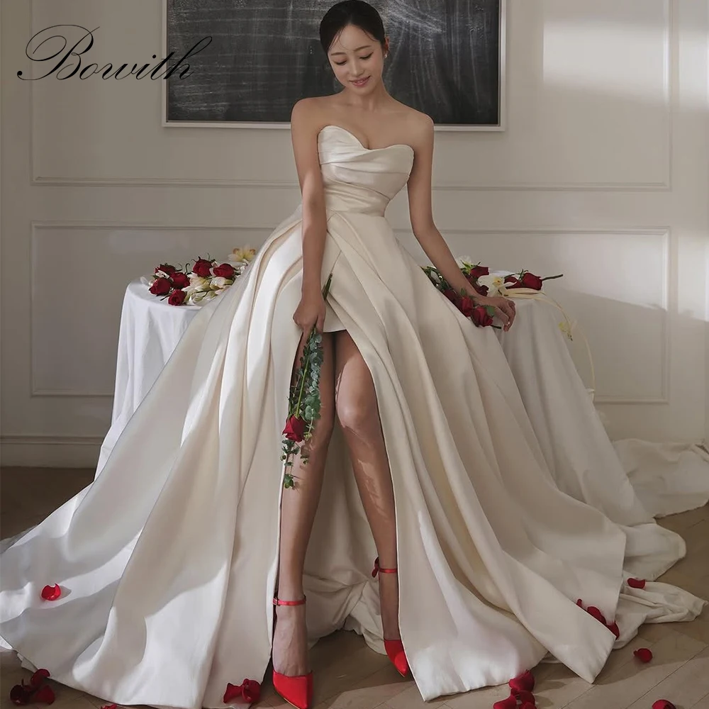 

Bowith Korean Wedding Dresses 2025 Satin Elegant High Slit Bridal Gown Customized Wedding Snap Dresses Party Gown for Bride