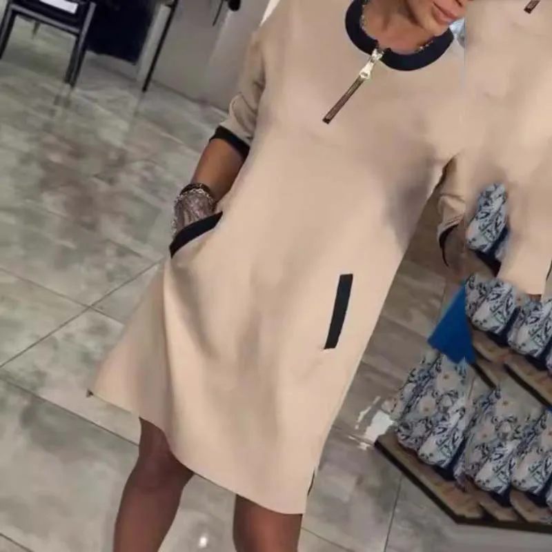 

Omen повседневное темпераментное платье на молнии с v-образным вырезом для отпуска в стиле ретро, однотонное офисное мини-платье с рукавами семь четвертей для женщин