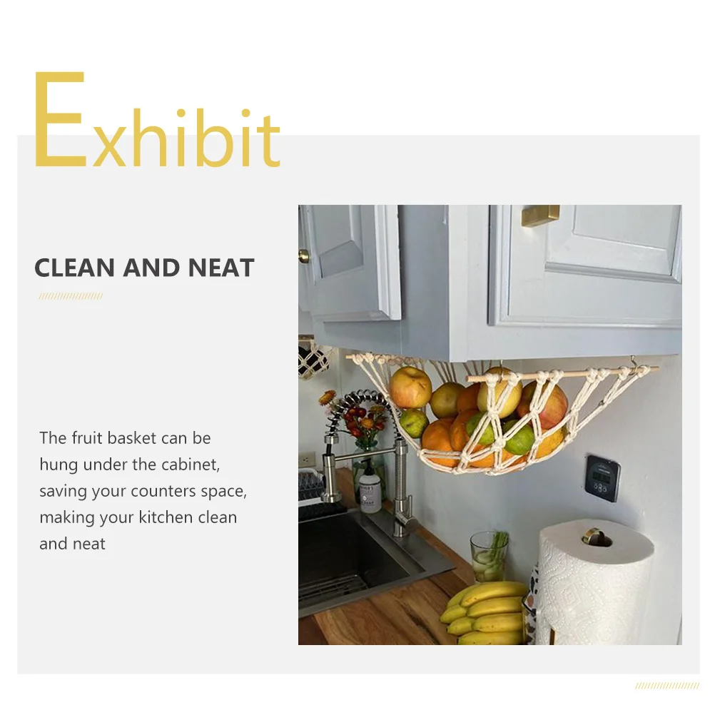 Macrame Cotton Rope Fruit Hammock Under Cabinet Hanging Basket Wooden Organizer Kitchen Storage Vegetable Holder