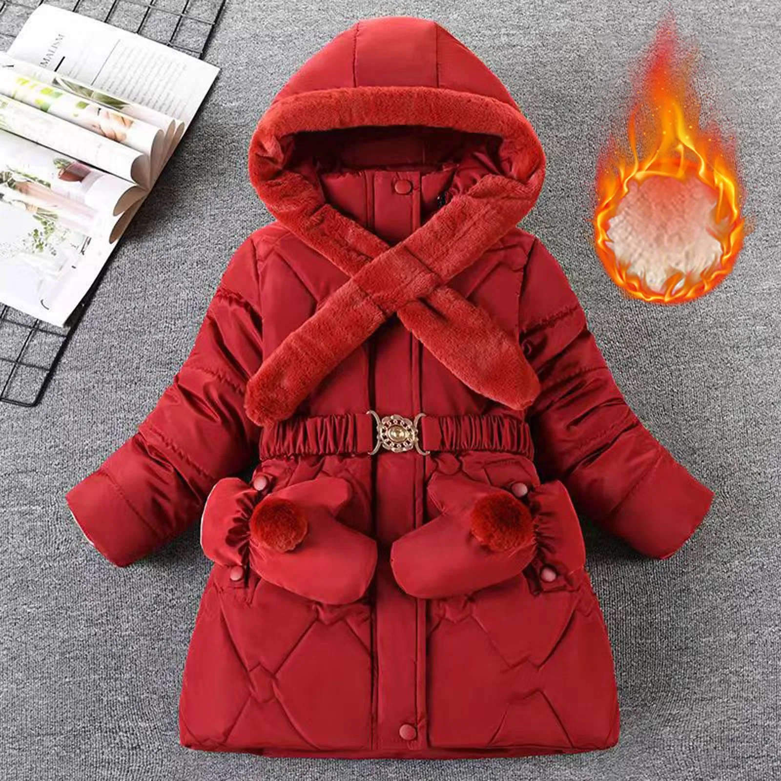 

Baby Kids Down Cotton Coat Thick Warm Toddlers Winter Jacket with Fur Hoodie Girls Quilted Jacket Flowers Children's Puffer Coat