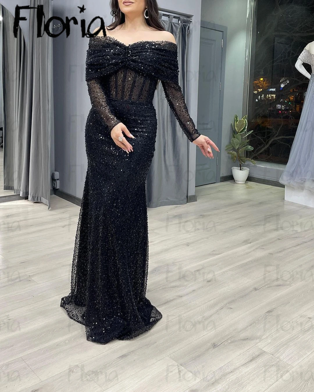 Floria Luxury Sequins Black Dubai Evening Dresses for Women Elegant Boat Neck Off Shoulder Long Sleeve Wedding Party Dress 2024