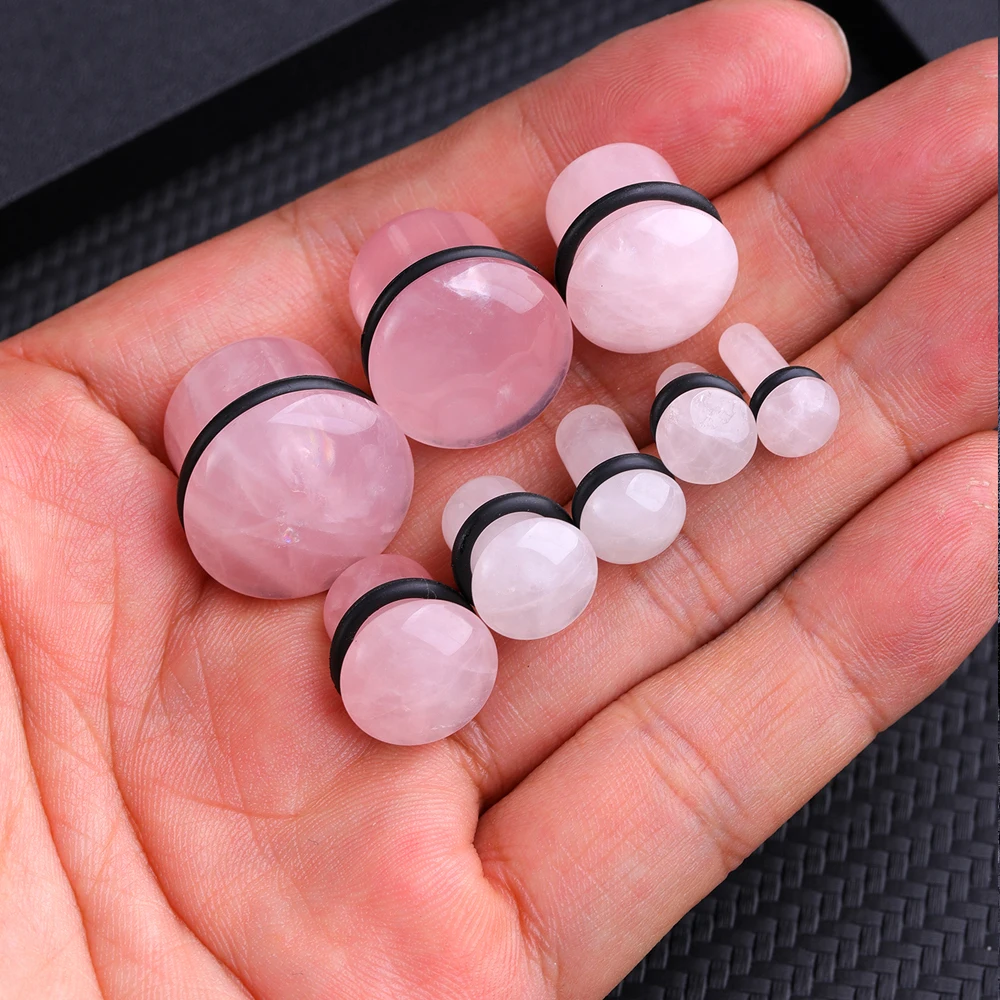 2pcs Rose Quartz Stone Natural Ear Plugs and Tunnels Single Flared Stone Earring Piercings Ear Gauges Expander Body Jewelry Gift