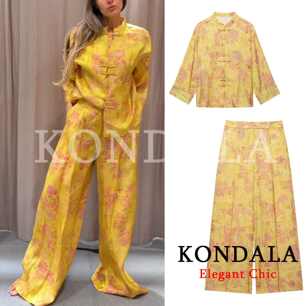 Image of KONDALA Damen Elegantes Vintage Bedrucktes Hosenset mit Seilknoten-Hemden, Lange Hosen 2026 Frühling Herbst Urlaub High-Street-Set