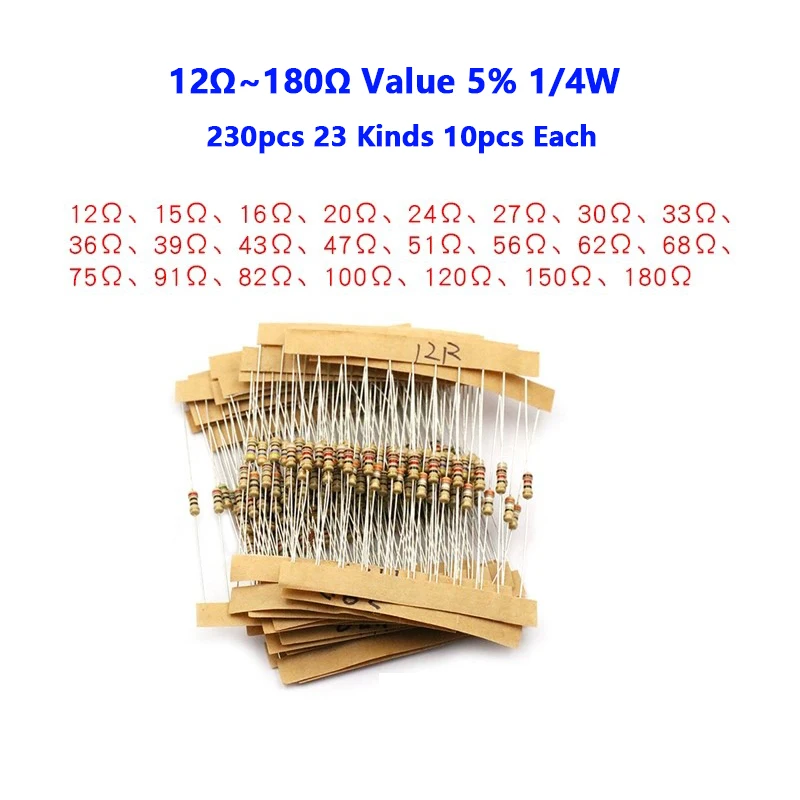 230pcs 23 Kinds 12Ω~180Ω Value 5% 1/4W Carbon Film Resistor Assorted Kit 10pcs Each Value with samples pack
