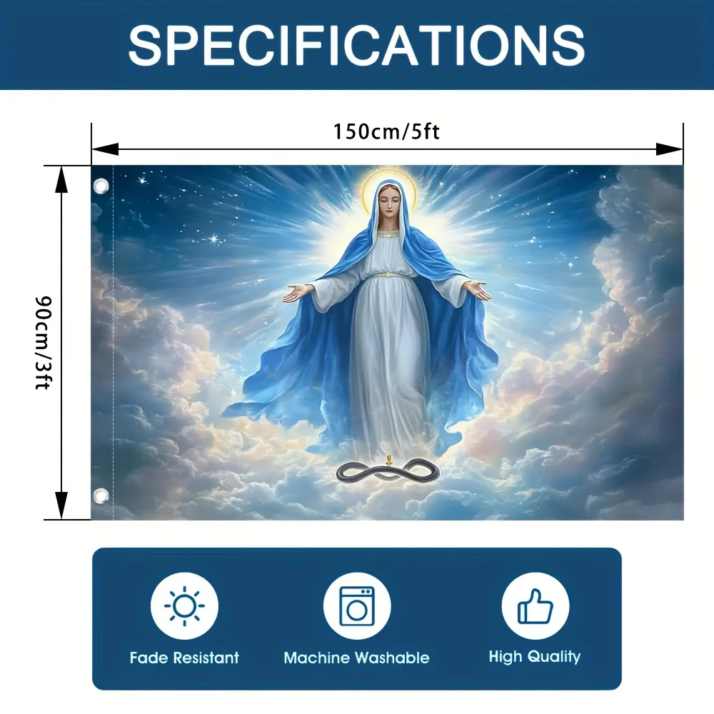 Drapeau de la Vierge Marie rayonnante, bannière en polyester durable avec cape bleue et robes blanches, parfait pour les emblèmes nationaux, patriotique