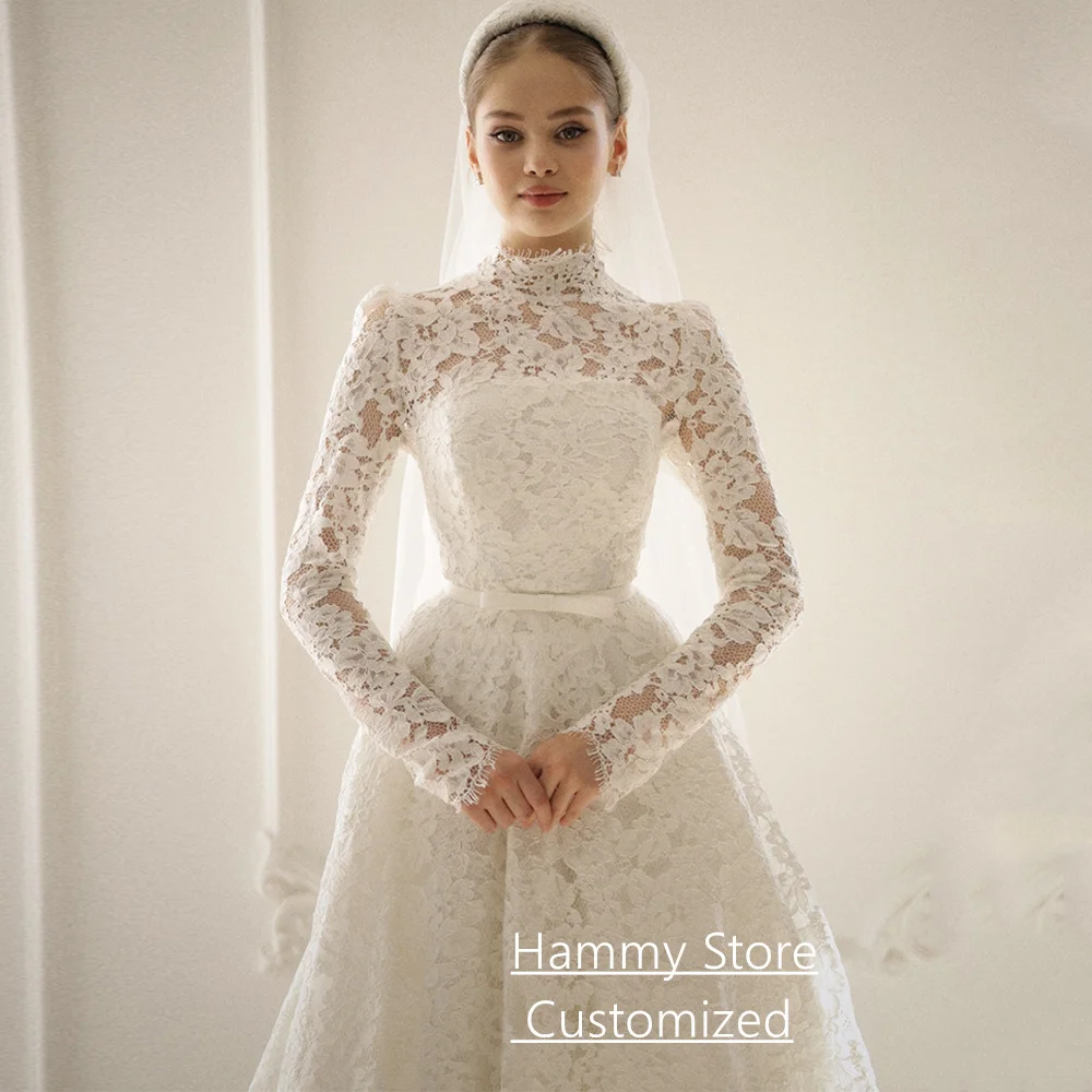 Skromna suknia ślubna szyta na miarę, z wysokim dekoltem, długimi rękawami, kokardą, paskiem, w kształcie litery A, z saudyjskiej koronki, suknia ślubna Vestido De Noiva