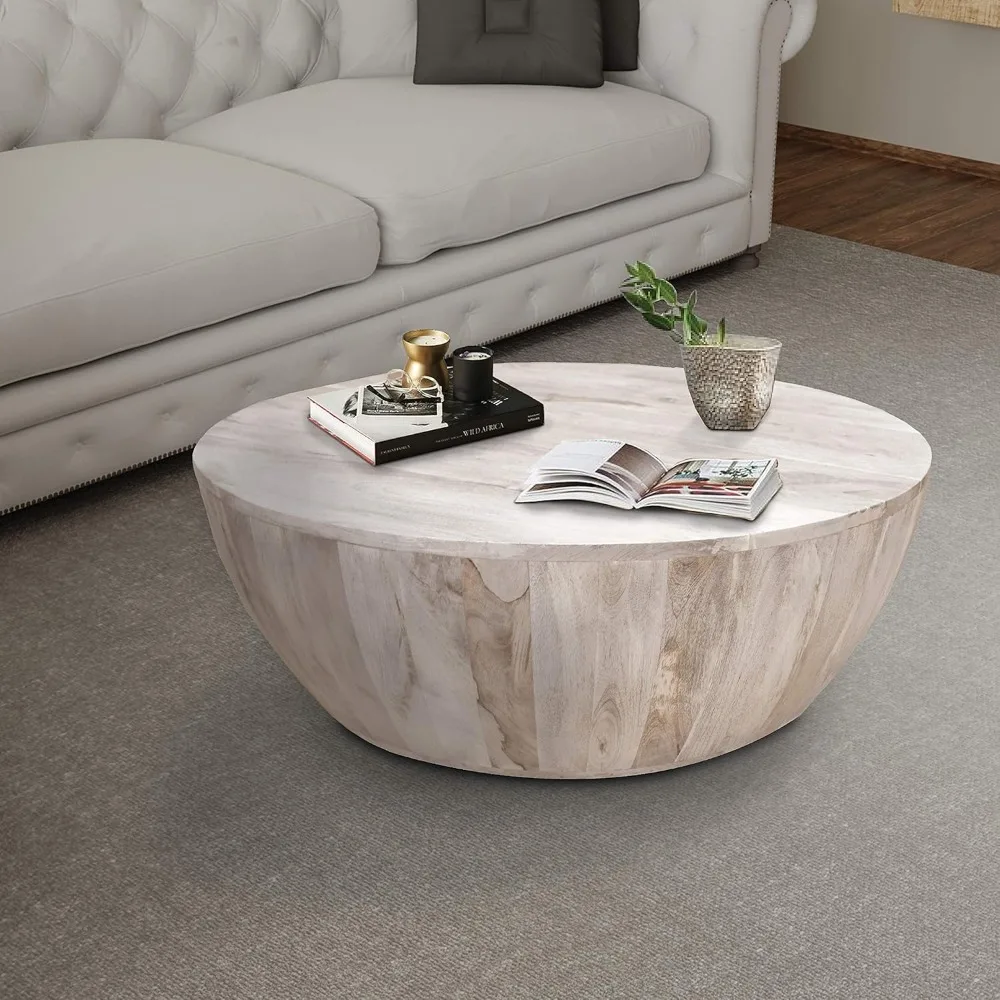 The Urban Port 12-Inch Height Round Mango Wood Coffee Table, Subtle Grains